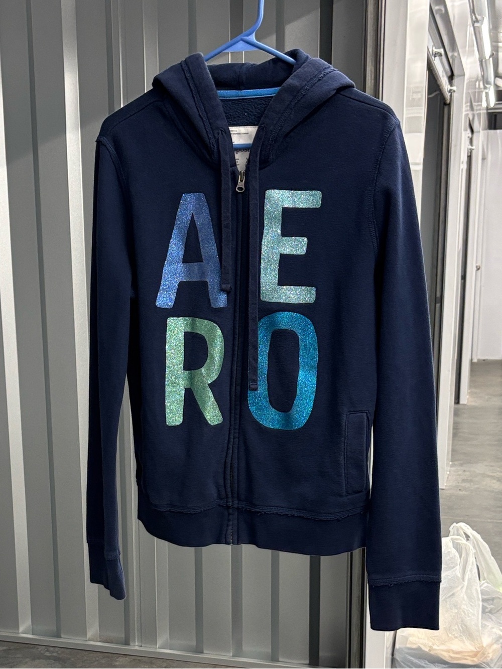 Aeropostale Navy Zip-Up Hoodie with Shimmer AERO Lettering Women’s XL Sweatshirt